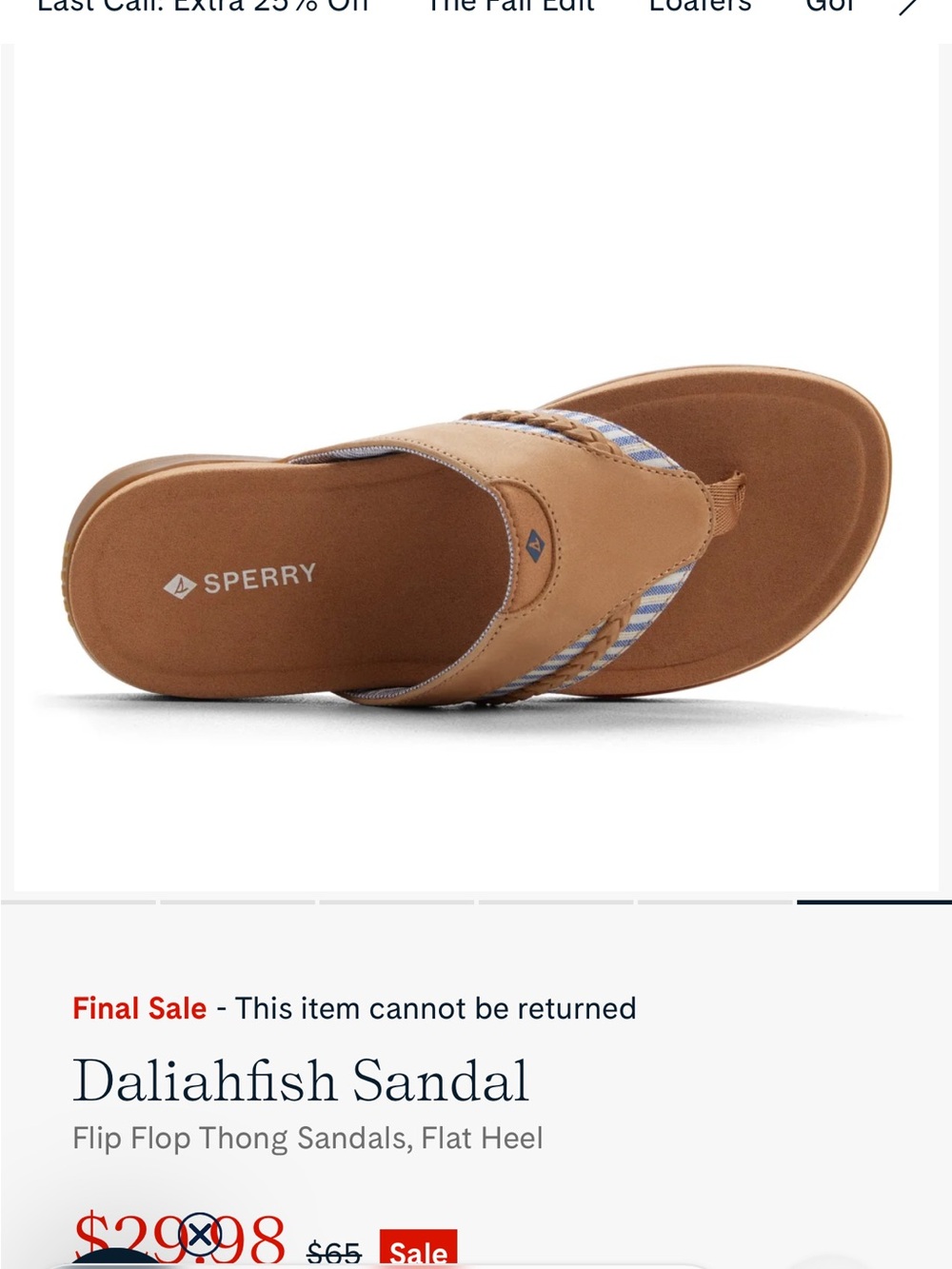 Sperry Daliahfish Tan Leather Thong Sandal with Blue Stripe